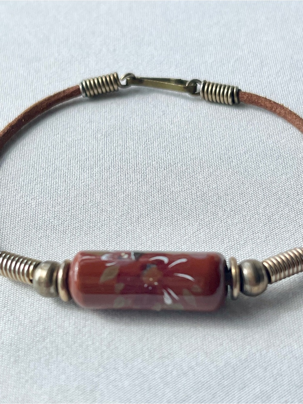 Vintage Brown Leather Bracelet with Red Floral Ceramic Bead & Metal Accents